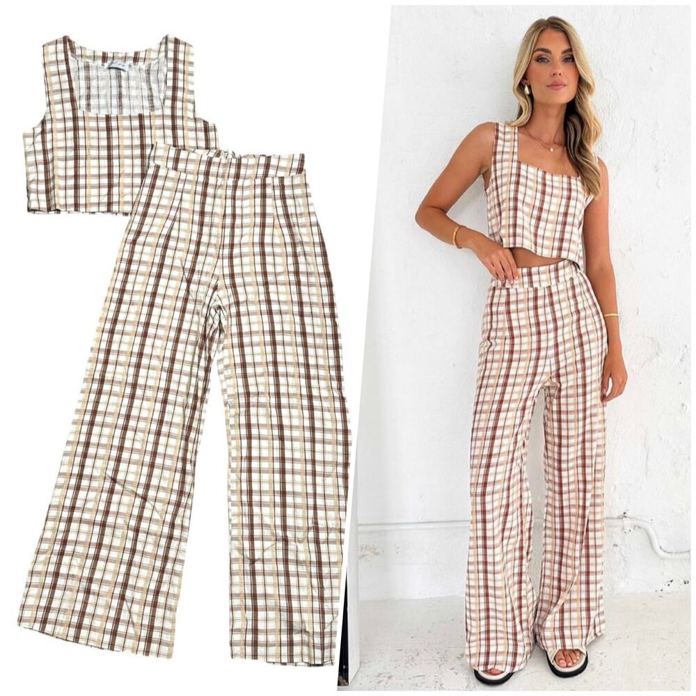 Petal & Pup Cream and Brown Plaid Two-Piece Set